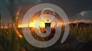 Light bulb on soil and nature background,Creative with inspiration,Innovative technology,Energy and environmental concepts.