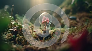 Light bulb on soil and nature background,Creative with inspiration,Innovative technology,Energy and environmental concepts.