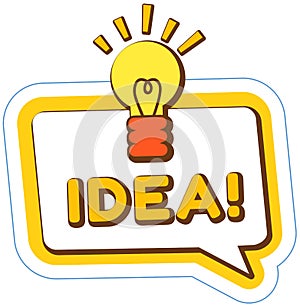 Light bulb in speech bubble sticker. Positive decision, new idea, creative thought symbol