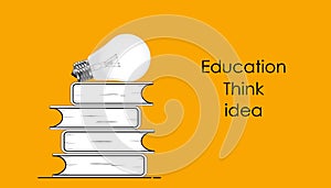 Light bulb and stack of books  vector illustration isolated on yellow background