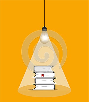 Light bulb and stack of books  vector illustration isolated on yellow background