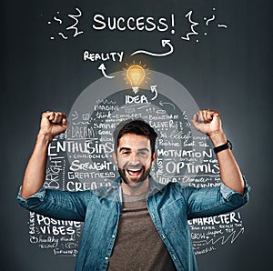 Light bulb, success or happy man in celebration of ideas text or goals of innovation on studio background. Motivation