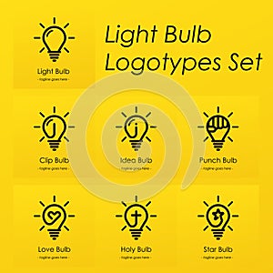 Light bulb symbol logotypes set with creative ideas, star, cross, punch, love heart, idea, clip symbols in light bulb