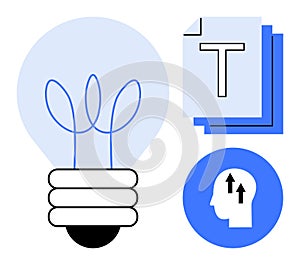 Creative concepts with a light bulb, text documents, and upward-thinking human head icon
