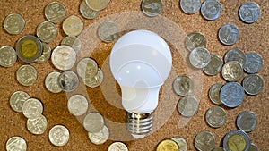 Light bulb and Thai Baht coins money on cork board texture, Innovative idea concept