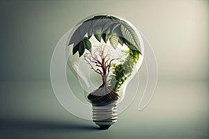 Light Bulb with a tree inside isolated in white background.Green Energy. Generative AI.