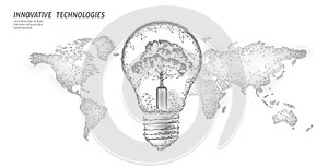 Light bulb with tree on world map. Lamp saving energy ecology environment idea concept. Polygonal light electricity
