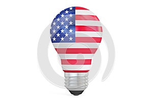 Light bulb with USA flag, 3D rendering