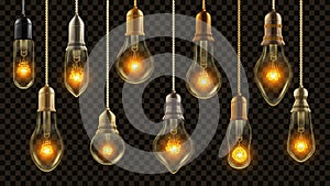 Light Bulb Vintage Set Vector. Glowing Shine Lamp. Transparent 3D Realistic Electric Retro Loft Or Steampunk Style