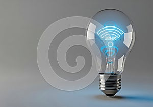 A light bulb with a Wi-Fi symbol inside as a connection concept. Space for text.