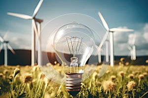 Light bulb with wind power plant background, Renewable energy source, Green energy industry concept