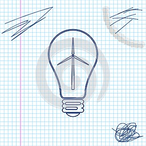 Light bulb with wind turbine as idea of eco friendly source of energy line sketch icon isolated on white background