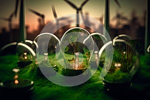 Light bulb, wind turbines on the grass, Earth Day, alternative energy