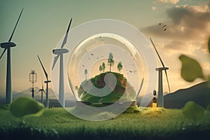 Light bulb, wind turbines in green trees, alternative energy, Earth Day