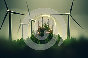 Light bulb, wind turbines among trees, Earth Day, alternative energy