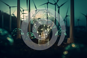 Light bulb, wind turbines, trees, Earth Day, green alternative energy