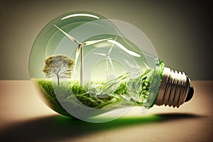 Light bulb with windmill turbine inside as a symbol of renewable green energy, 3D illustration, eath day