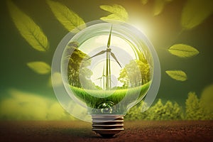 Light bulb with windmill turbine inside as a symbol of renewable green energy, 3D illustration, eath day