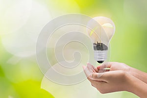 Light bulb in woman hand,Realistic photo image. Turn on tungsten