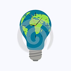 Light bulb world map with clock on white background