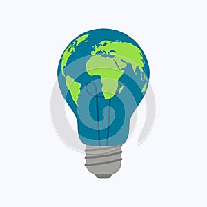 Light bulb world map with clock on white background