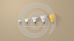 Light Bulb Yellow Growthing Outstanding Among Lightbulb White on Beige Background.