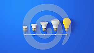 Light Bulb Yellow Growthing Outstanding Among Lightbulb White on Blue Background.