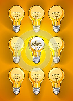 Light bulbs beautiful vector illustration with single one shining, idea concept, think different, stand out of crowd, creative