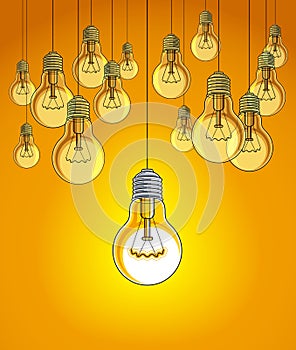 Light bulbs beautiful vector illustration with single one shining, idea concept, think different, stand out of crowd, creative