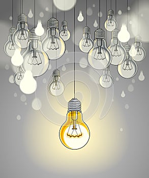 Light bulbs beautiful vector illustration with single one shining, idea concept, think different, stand out of crowd, creative