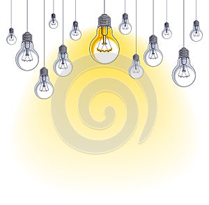 Light bulbs beautiful vector illustration with single one shining, idea concept, think different, stand out of crowd, creative