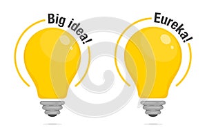 Light bulbs of Big Idea and Eureka!. Yellow glowing light bulbs with text. Symbol of idea, solution and thinking. Flat style icon