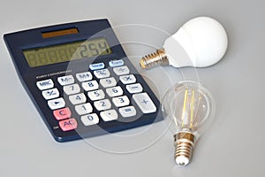 Light bulbs and calculator on grey background, close-up. Concept for Energy price increase