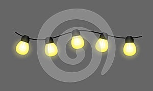 Light bulbs. Christmas new year String Lights. Garland vector illustration isolated on a gray background.