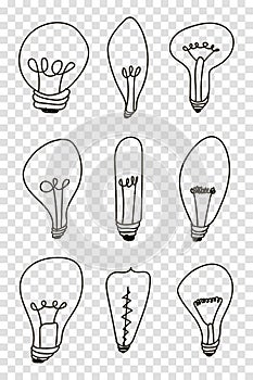 Light bulbs doodle border. Creative light bulbs doodle collection. Vector illustration