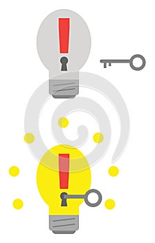 Light bulbs with exclamation marks and keyholes and key unlocking