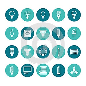 Light bulbs flat glyph icons. Led lamps types, fluorescent, filament, halogen, diode and other illumination. Thin linear