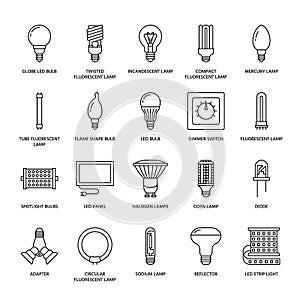 Light bulbs flat line icons. Led lamps types, fluorescent, filament, halogen, diode and other illumination. Thin linear