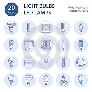 Light bulbs flat line icons. Led lamps types, fluorescent, filament, halogen, diode and other illumination. Thin linear