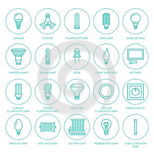 Light bulbs flat line icons. Led lamps types, fluorescent, filament, halogen, diode and other illumination. Thin linear