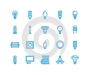 Light bulbs flat line icons. Led lamps types, fluorescent, filament, halogen, diode and other illumination. Thin linear