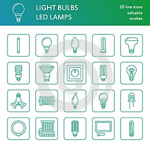 Light bulbs flat line icons. Led lamps types, fluorescent, filament, halogen, diode and other illumination. Thin linear