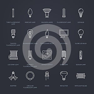 Light bulbs flat line icons. Led lamps types, fluorescent, filament, halogen, diode and other illumination. Thin linear
