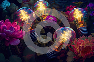 Light Bulbs with flowers in a forest