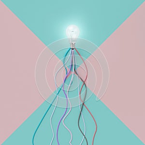 Light bulbs glowing one with color cable on pastel pink and light blue background