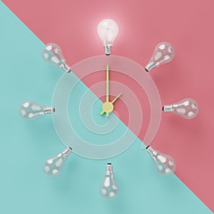 Light bulbs glowing one different idea clock concept on cross pastel pink and light blue background
