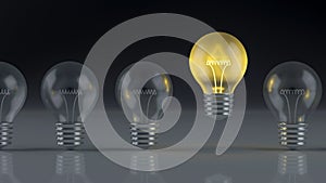 Light bulbs with glowing one different idea. Creativity and innovation ideas concept.