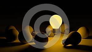 Light bulbs with glowing one different idea. Creativity and innovation ideas concept.