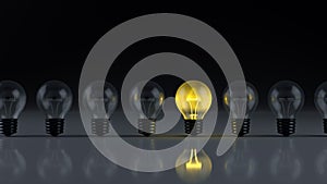 Light bulbs with glowing one different idea. Creativity and innovation ideas concept.