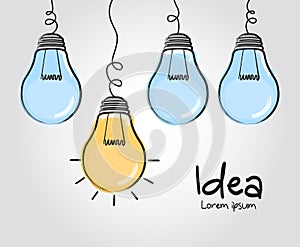 Light bulbs with glowing one different idea. Doodle hand drawn sign. Vector.